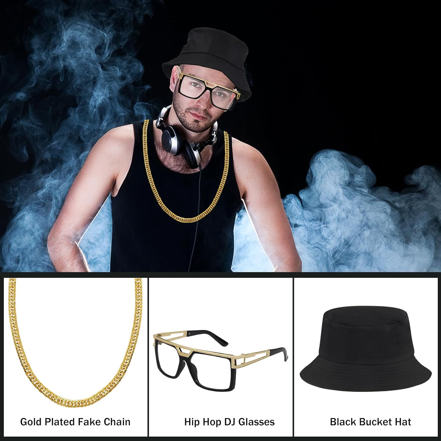 GHSDFBB 80s 90s Hip Hop Costume Kit Rapper Accessories Bucket Hat Sunglasses Gold Chain Necklace Outfit for Men Women Walmart