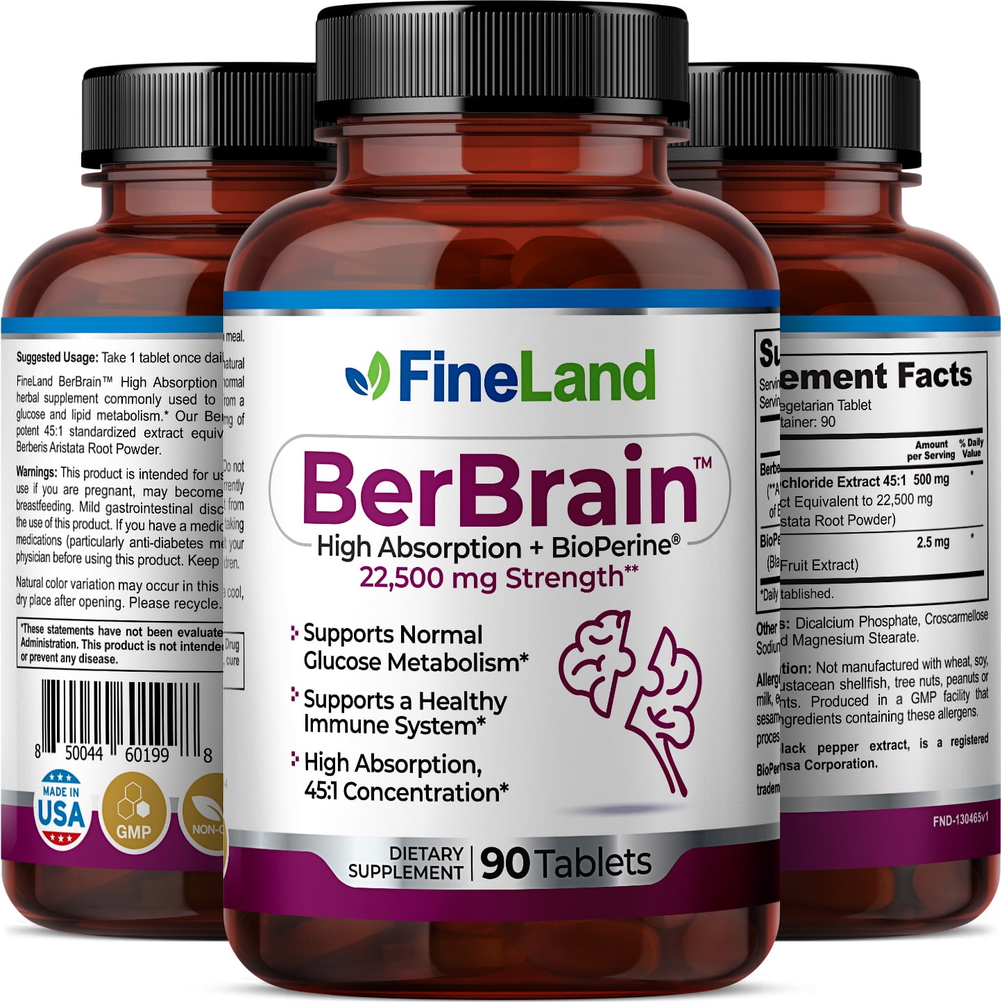 Fineland Vitamins BerBrain Berberine 45:1 Concentration 22,500 mg 90 Tablets