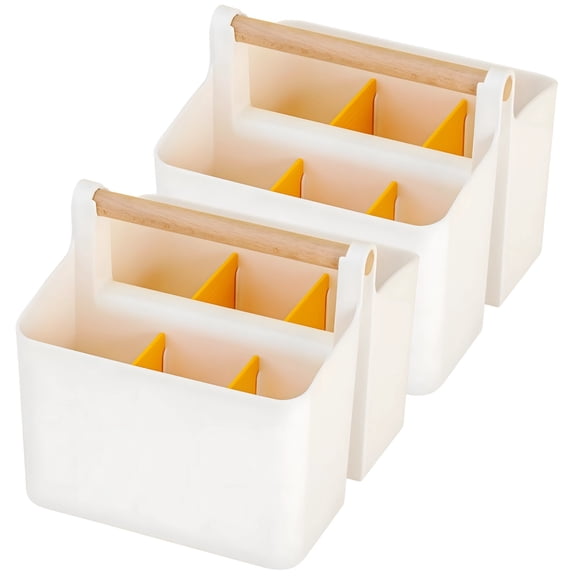 2 Pcs Kit Small Yellow Art Supplies Organizer Storage Box with Dividers, Large Capacity Craft Caddy with Wooden Handle, Adjustable Compartments for Markers, Paintbrushes, and Classroom Supplies