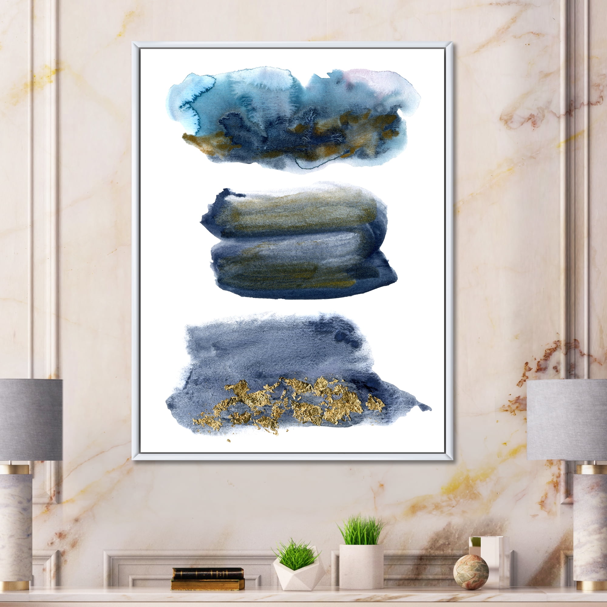 Designart 'Abstracts Clouds With Golden Touches' Modern Framed Canvas Wall Art Print