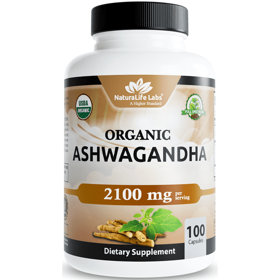 Organic Ashwagandha 2,100 mg - 100 Vegan Capsules Pure Organic Ashwagandha Powder and Root Extract