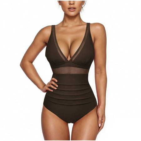 GSPCLAM Women s Sexy Solid Color Tops Backless Lace Mesh Swimwear with Bra Pads V-Neck Summer Breathable Fashionable Tops Tops Brown S