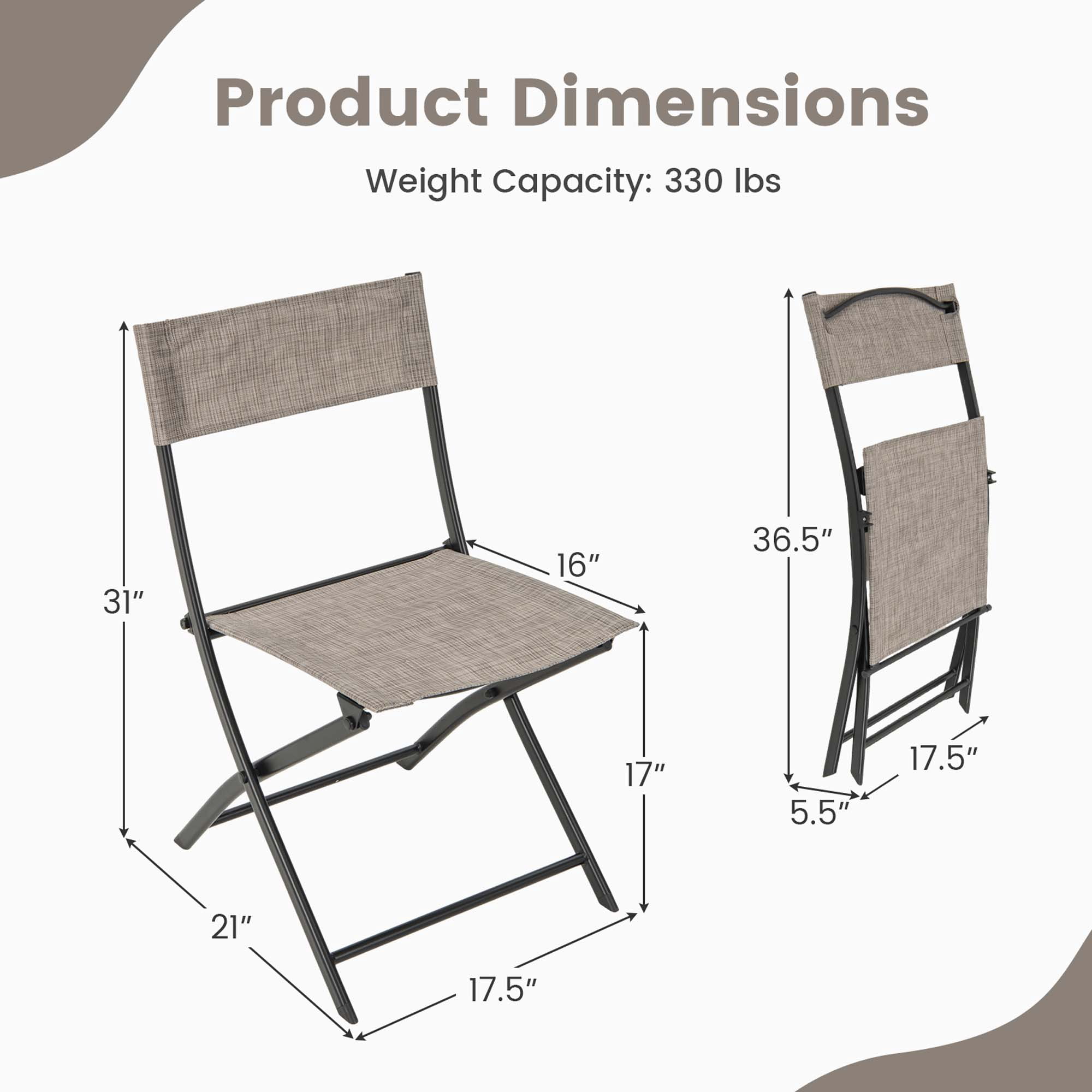 Costway Patio Metal Outdoor Camping Breathable and Lightweight Folding Chairs, Coffee (Set of 4)