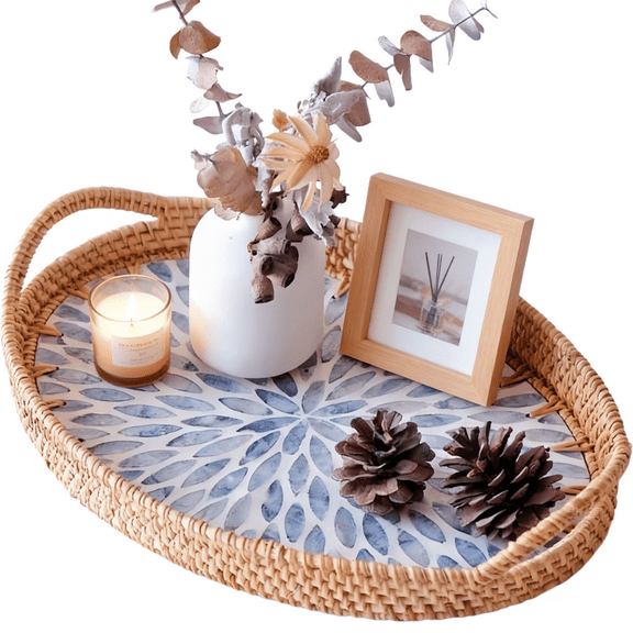 MEHOOM 12" Farmhouse Decorative Tray, Rattan Serving Tray with Handles, Boho Decor for Coffee Table Kitchen Counter Dining Table Centerpiece