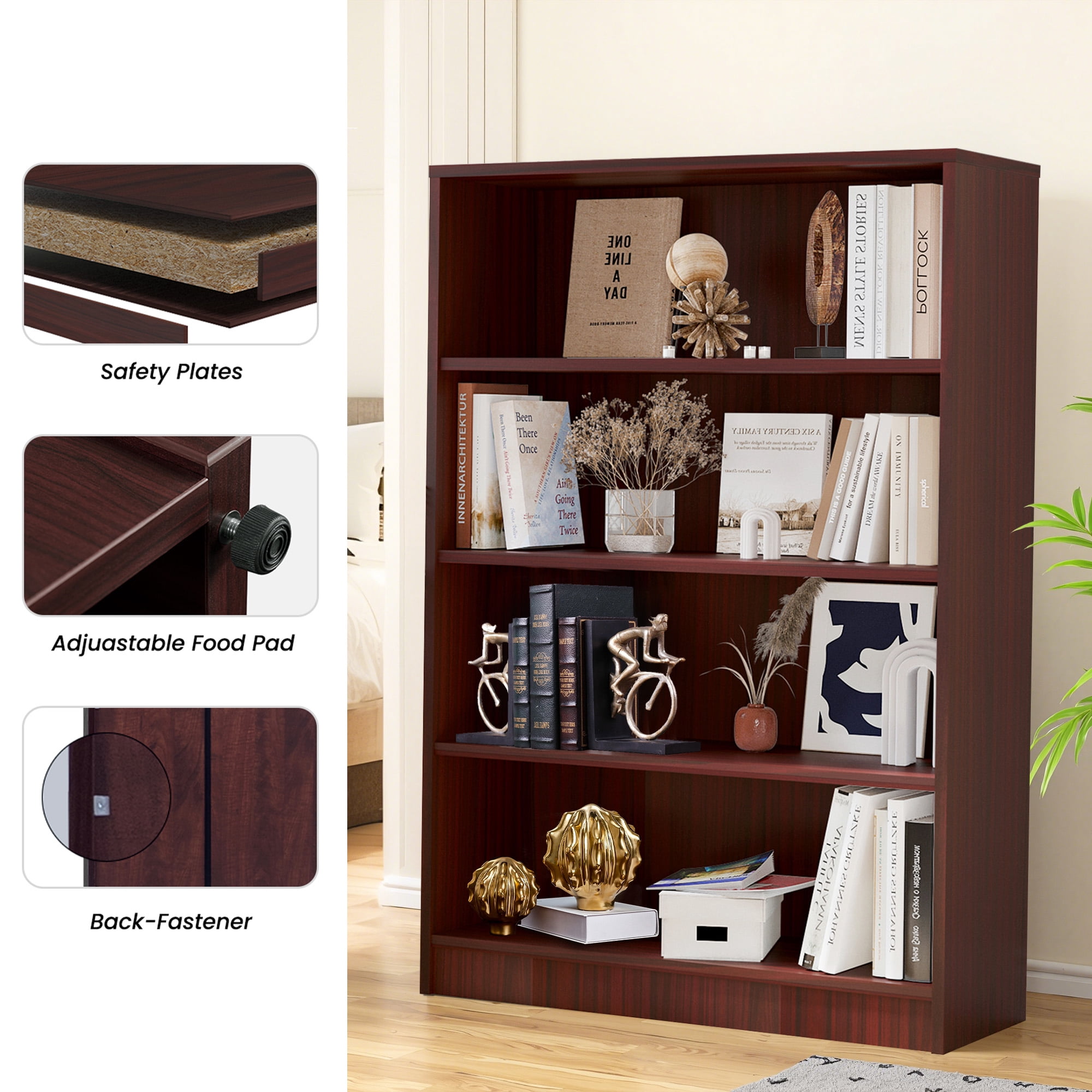 MAYEERTY Mahogany 4-Shelf Modern Wood Bookcase, 48" Tall, for Bedroom, Living Room, and Manga Library