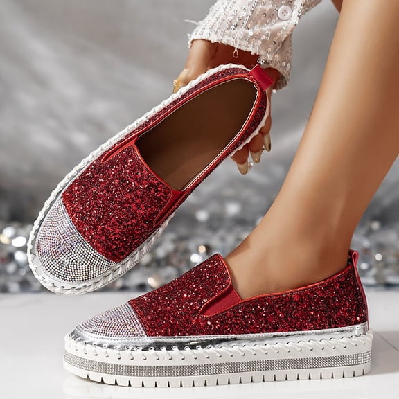 BRGZLK Women's Rhinestone Shoes Fashion Casual Color Block Round Toe Closed Toe Casual Comfort Platform Flat Rhinestone Slip-On Glitter Bling Loafers for Daily Red 7.5