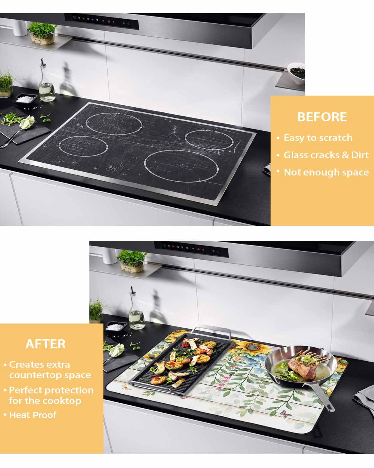 nqOlkjepod Large Induction Cooktop Protector Mat 24"x21", Sunflower Stove Top Covers for Electric Stove, Summer Botanical Pastoral Wooden Yellow Green Stove Burner Cover Mats, Glass Top Stove Cover
