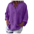 thumbnail image 2 of Brilliant 3X Womens Tops Fashion Solid Color Tops Long Sleeved Loose Cotton and Linen Loose Shirt Blouse V-Neck Casual Tops clothes under $5.00, 2 of 6