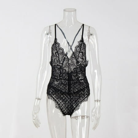 

Women One Piece Lingerie Deep V Teddy Sexy Lace Bodysuit Open Back S-XXL (Black S)