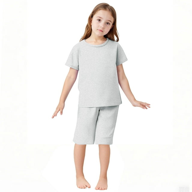 Girls 2 Piece Outfits Summer Clothes Ruffle Short Sleeve Shirts Top and Solid Color Shorts Set Gray 4-5 Years