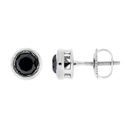 Prism Stone Stud 0.18Ct Natural Round Black Diamond Bezel Set Screw Back Earring Crafted in 14k White Gold - Prism Jewel ()