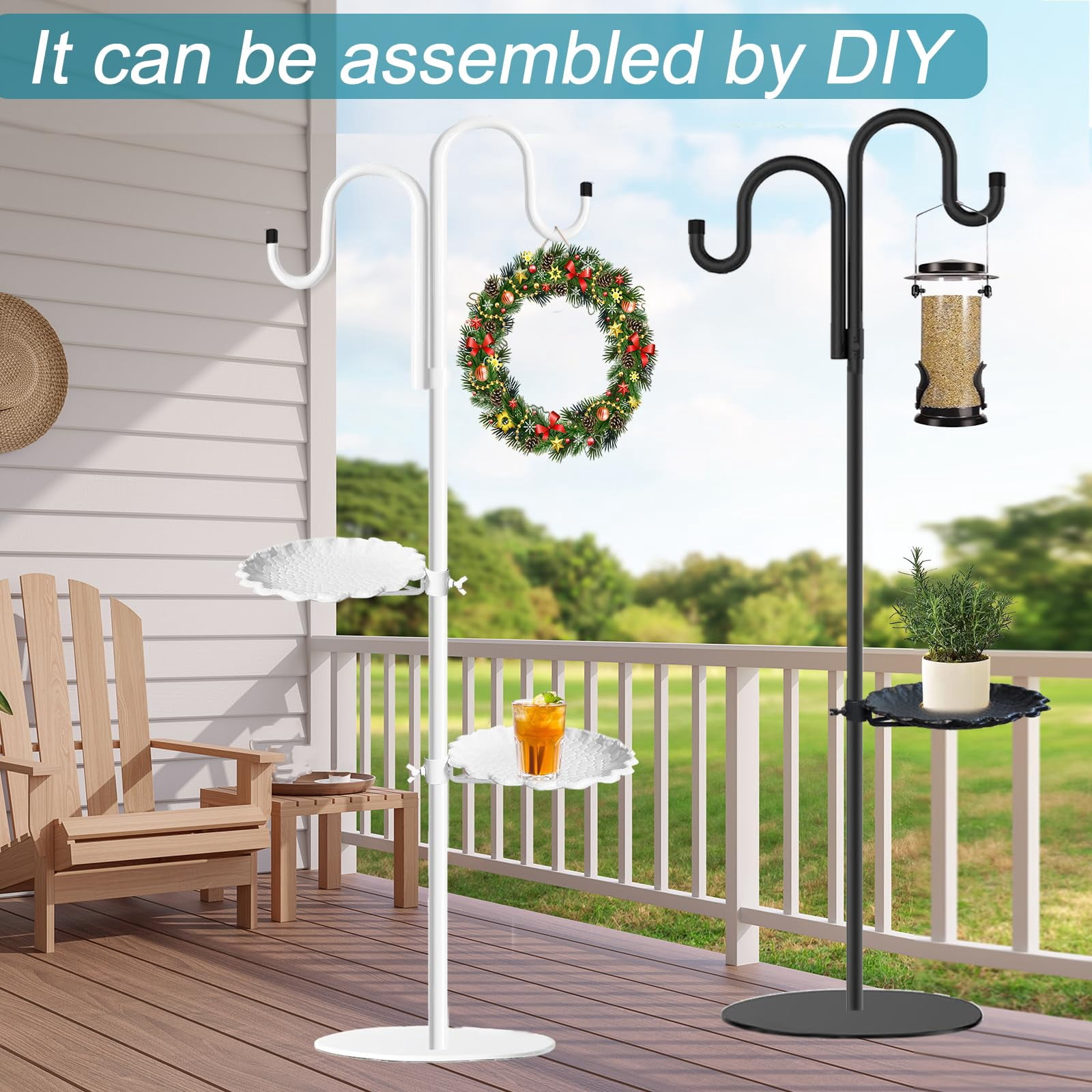 Upgraded 74" Shepherd's Hook Stand plant，Bird Feeder，Wind Chime Hanger Stand, Waterproof Metal & Adjustable-Height Standing Pole Holder for Lantern and Wreath, Indoor & Outdoor（2 Placement Racks)