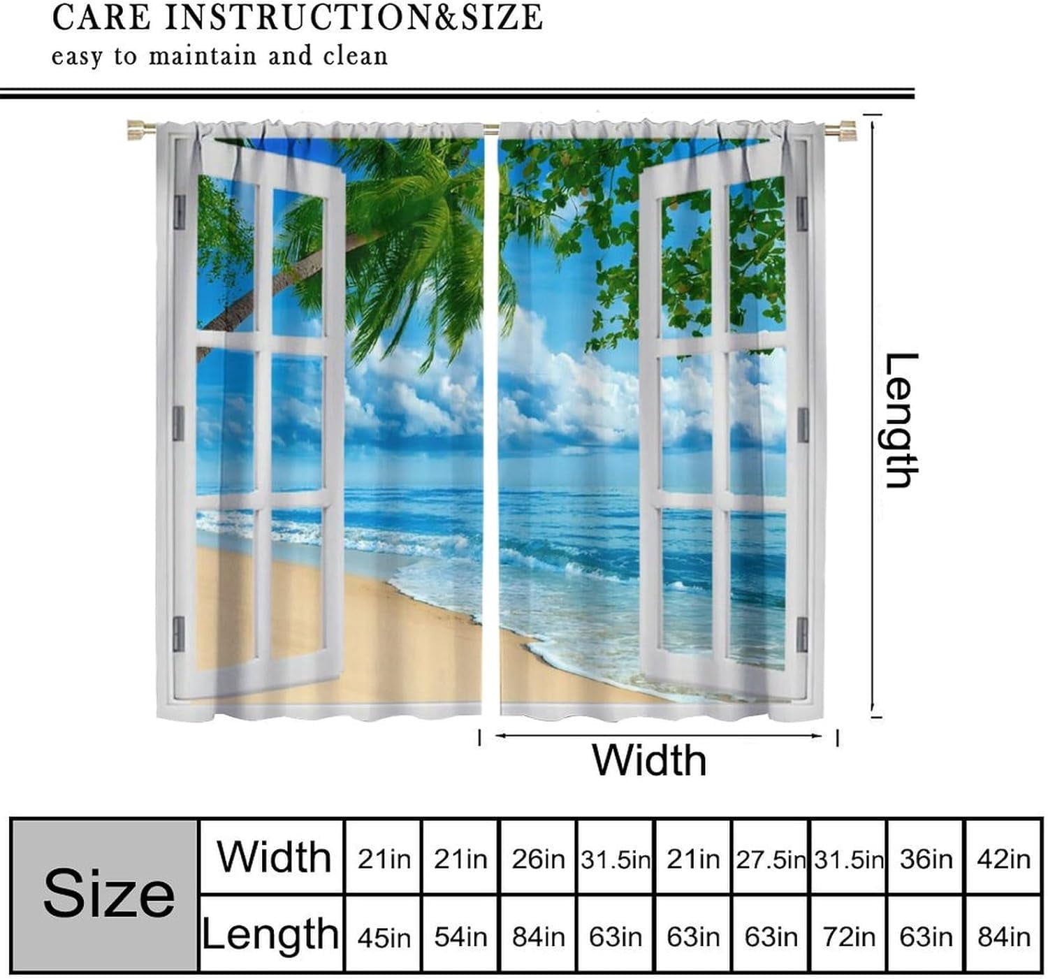 Beach Palm Tree Curtains, Summer Tropical Island Blue Clouds Ocean Nature Landscape Scenic Blackout Window Treatments for Kitchen Bedroom Living Room, 84" W X 84" L