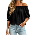 thumbnail image 3 of Tqcoqu Women's Solid Off Shoulder Ruffle Elastic 3/4 Puff Sleeve Blouse,Loose Flowy Summer Casual Pullover Top,Black Women's S-XXL, 3 of 8