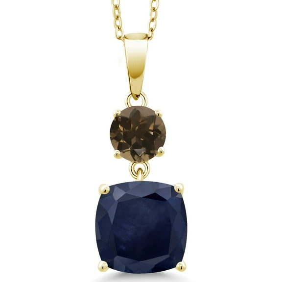 Gem Stone King 18K Yellow Gold Plated Silver Blue Sapphire and Brown Smoky Quartz Pendant Necklace for Women (5.40 Cttw, Gemstone September Birthstone, Cushion 10MM, Round 6MM)