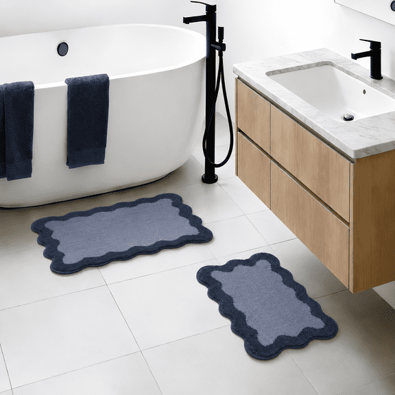 Mainstays Scalloped 2-Piece Rug Set, Blue, 17" x 24" & 20" x 30"
