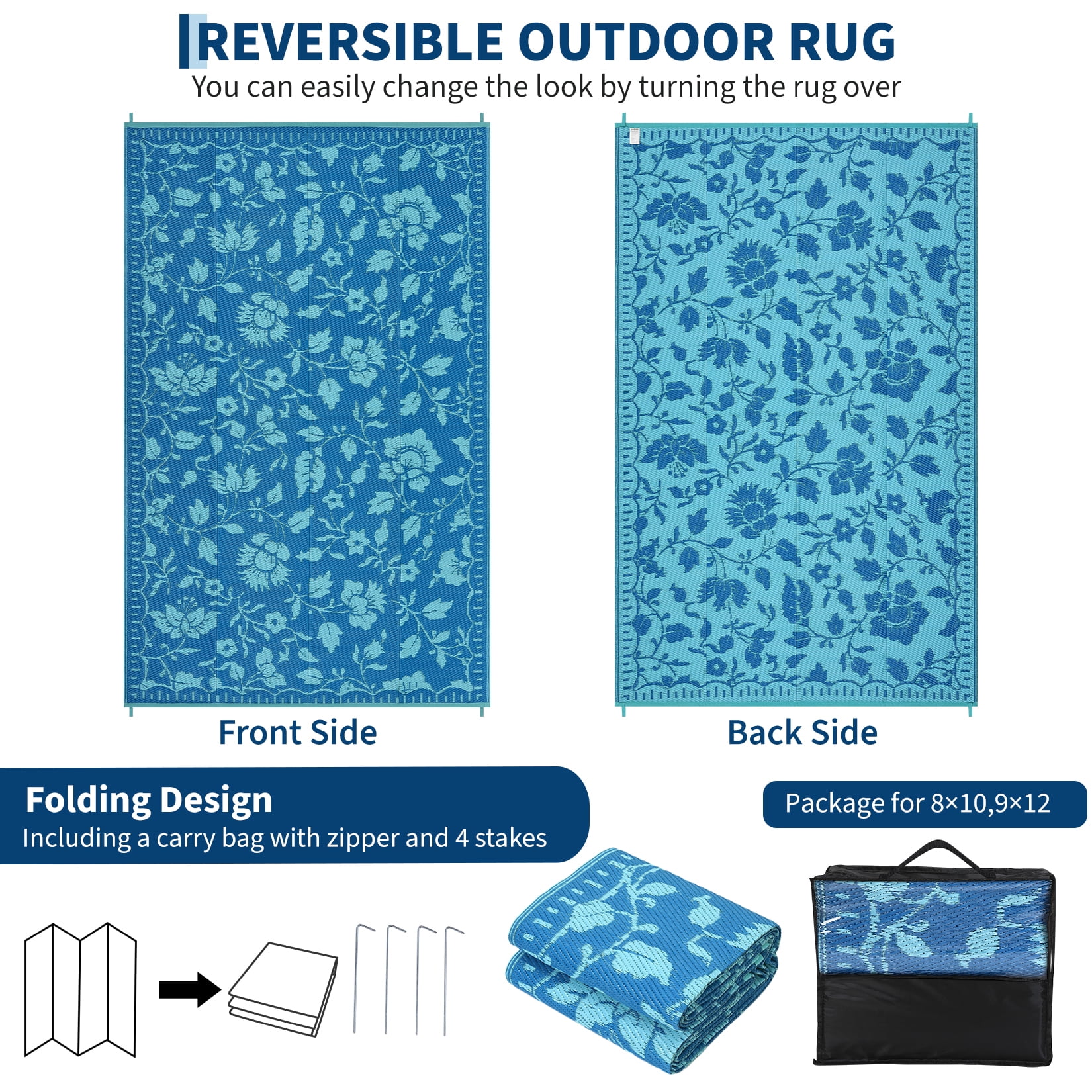 Garvee 5'x8' Outdoor Rug Waterproof Floral Camping Carpet, Reversible Plastic Straw Rug Outdoor Rug for Patio RV Balcony Backyard, Navy Blue