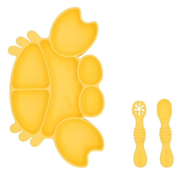 BabyX Silicone Feeding Set (3 PCs) Cove & Coast Series, Baby Plate with Suction Cup, Training Spoon and Fork, BLW Utensils for Toddler Kid, BPA-Free, Microwave/Dishwasher Safe - Yellow Crab