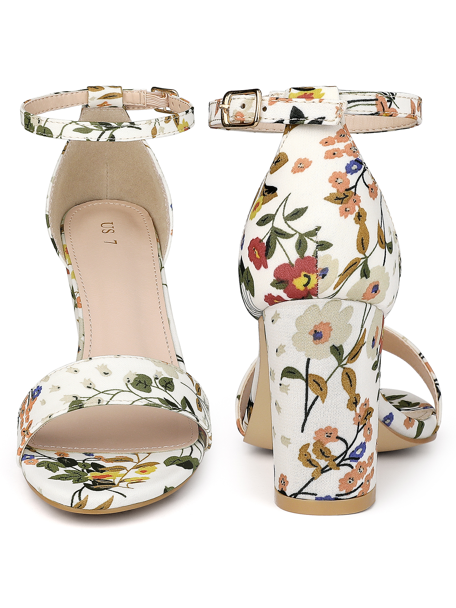 DARING DIVA Women's Floral Open Toe Ankle Strap Chunky Heel Sandals White 7