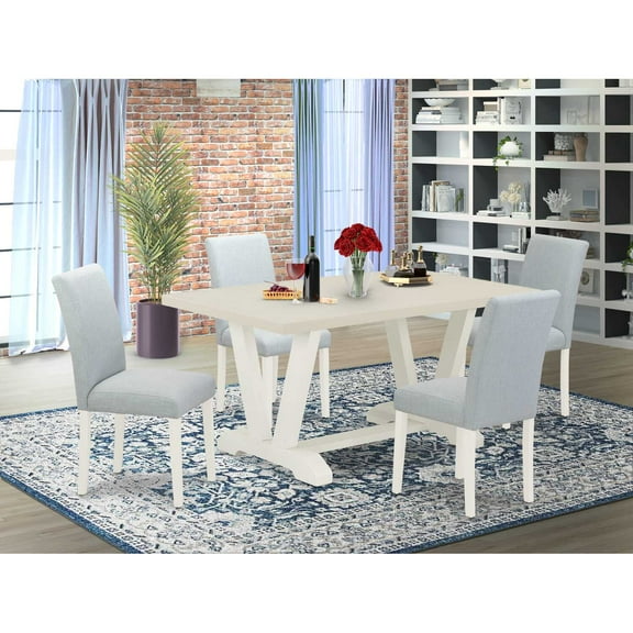 East West Furniture 5-Piece Dining Set Includes 4 Dining Room Chairs with Upholstered Seat and High Back and a Rectangular Dining Table - Linen White Finish