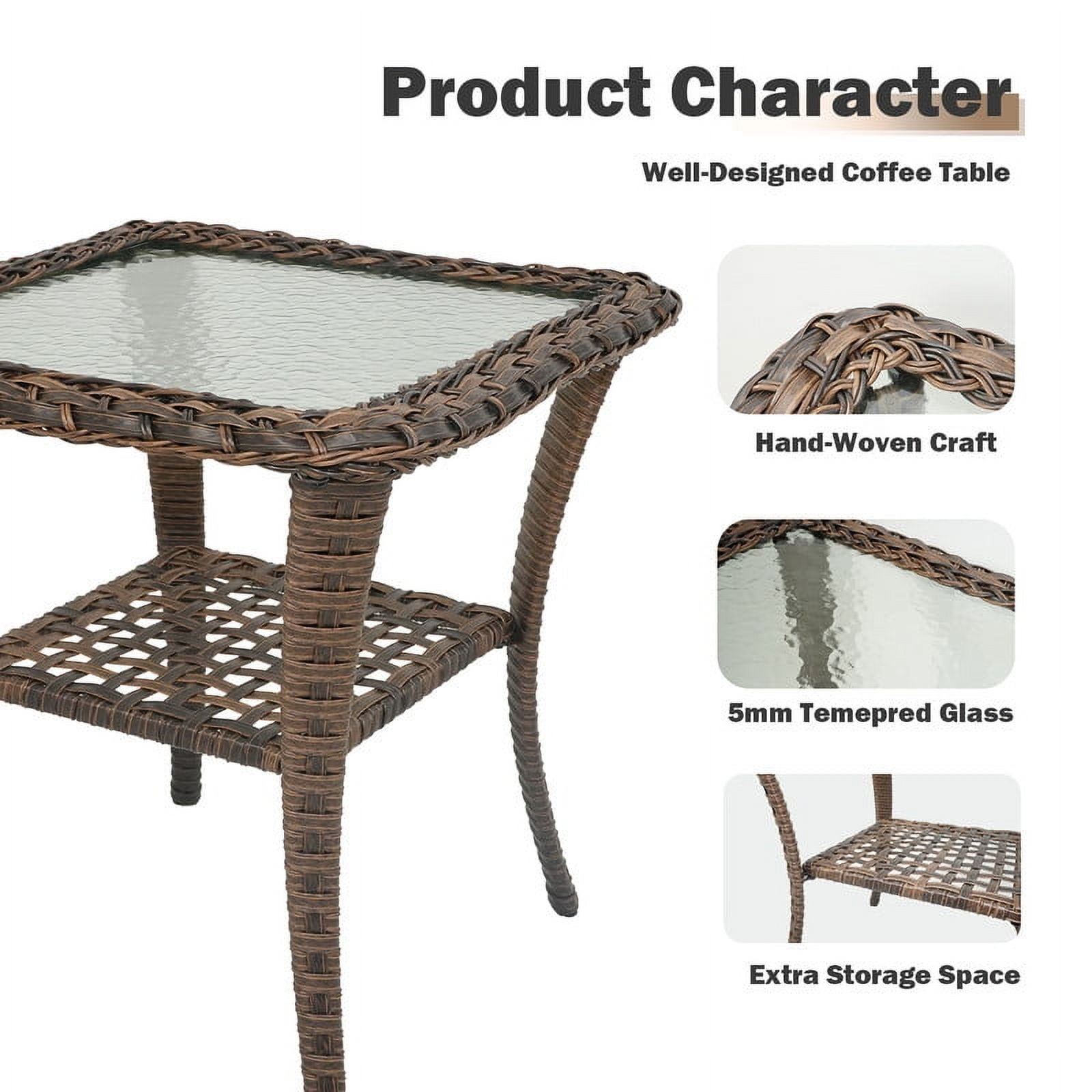 PARKWELL Outdoor End Table with Tempered Glass Top and 2-Layer Storage Shelves,All-Weather Brown Wicker Square Side Table for Backyard Porch Garden