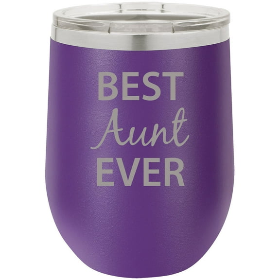Best Aunt Ever Stainless Steel Engraved Insulated 12 oz Double-Walled Wine Tumbler with Clear Plastic Lid, Purple