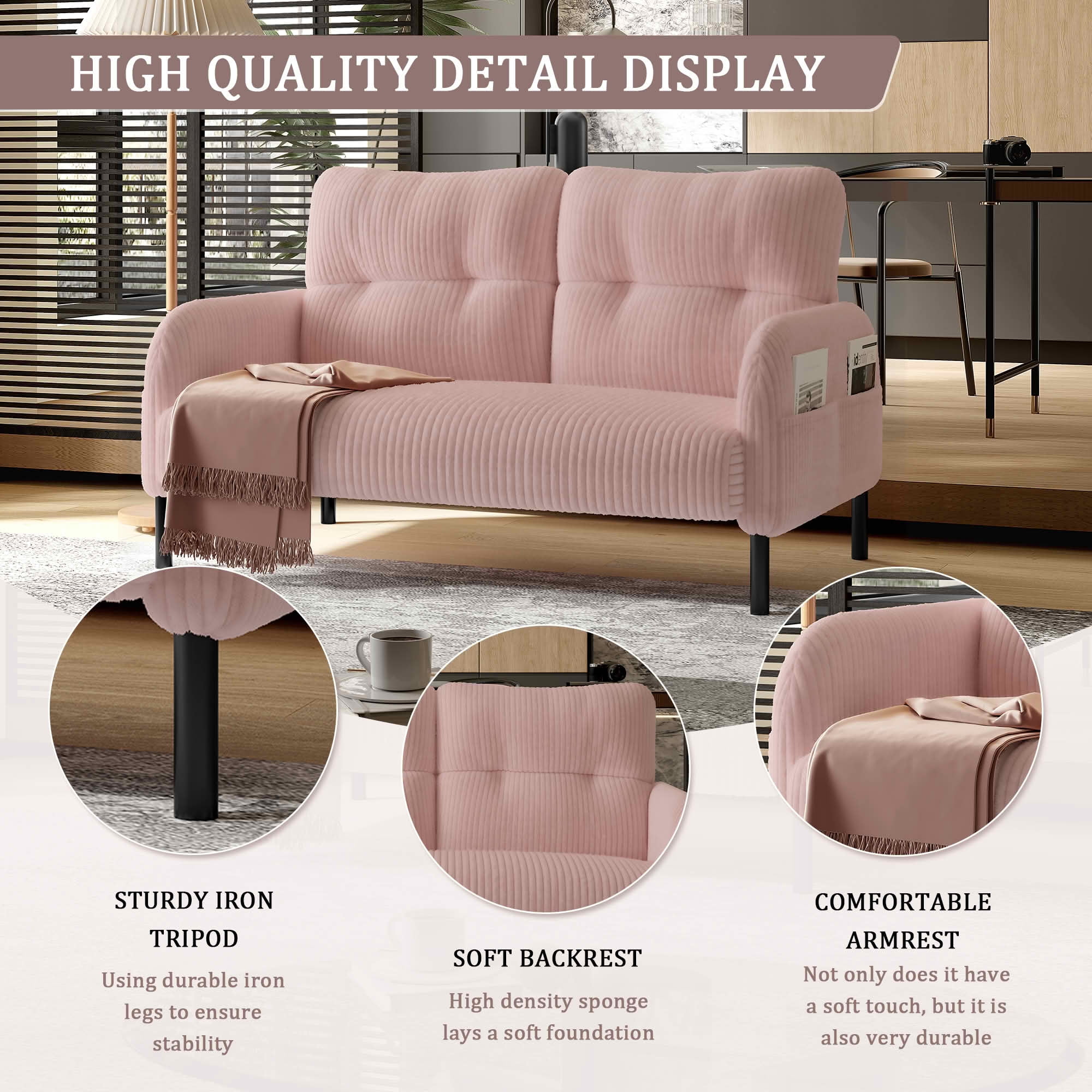 MAYEERTY Corduroy 2-Seater Loveseat, Modern Monochrome Double Sofa with Side Storage Pockets & Sturdy Wood Frame for Home Office