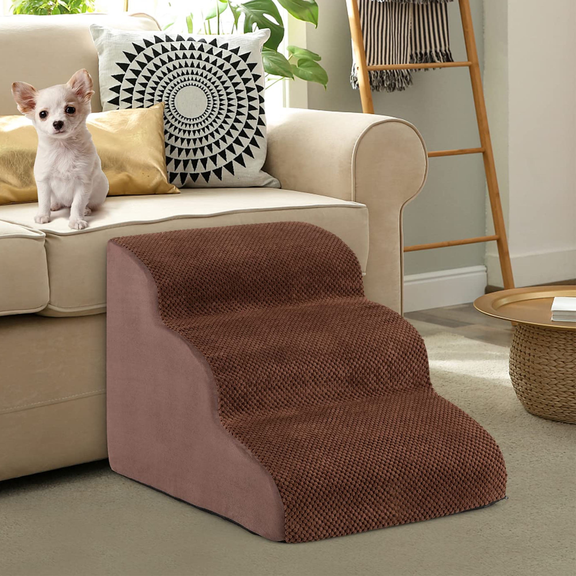 resenkos 23" Pet Stairs for Small Dogs, 3-Step Dog Ramp for Beds and Couch, Non-Slip Balanced Indoor Step, Brown