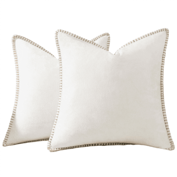 Soft Throw Pillow Covers 18x18 Set of 2,Neutral Decorative Pillow Covers with Stitched Edge for Couch Sofa Bed,2 x pillowcases,Cream White