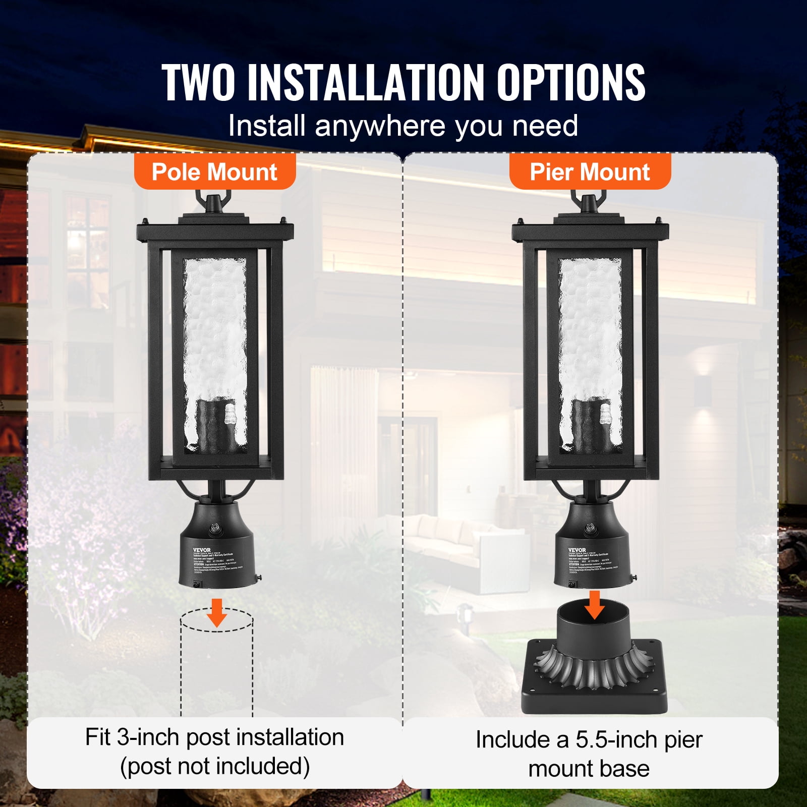 VEVOR 2 Pack Dusk to Dawn Outdoor Post Light, 17.72 in, Waterproof Lamp Post Light Fixtures with 3.5 in Pier Mount Base Glass Shade, Lightning-proof Exterior Pole Column Light