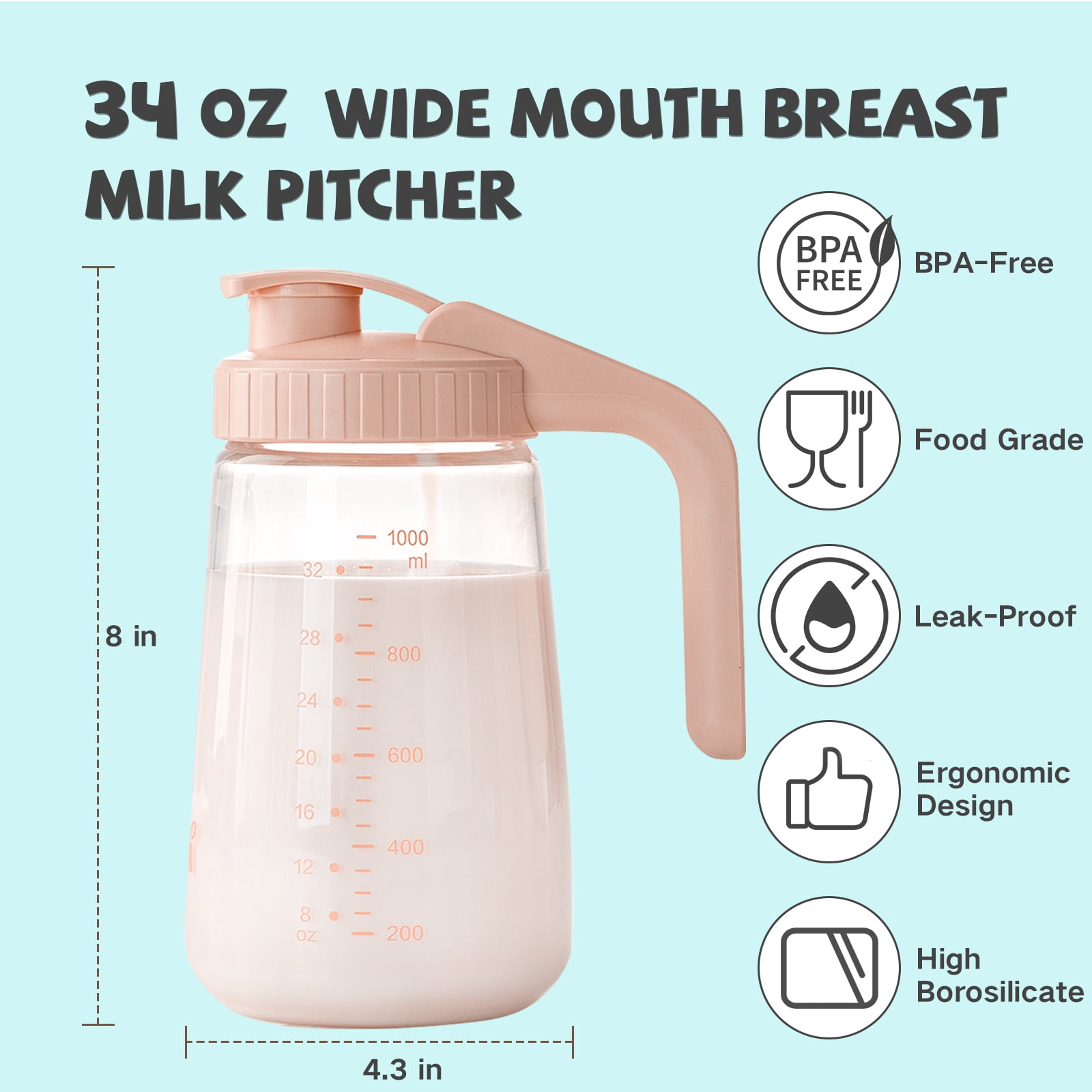 COMI Breast Milk Pitcher, 32oz Mason Jar with Wide Mouth, Breast Milk Fridge Storage Container, Pink