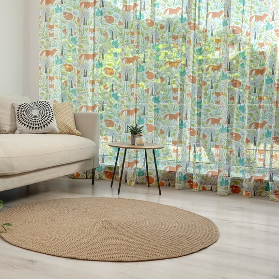 Cartoon Tulle Curtains with Rod Pocket, Wild Fox Wolf with Leaves Flowers and Leafless Trees Print, Sheer Drape for Wedding Party 2 Panels, 7 Sizes, Orange Green and Blue, by Ambesonne