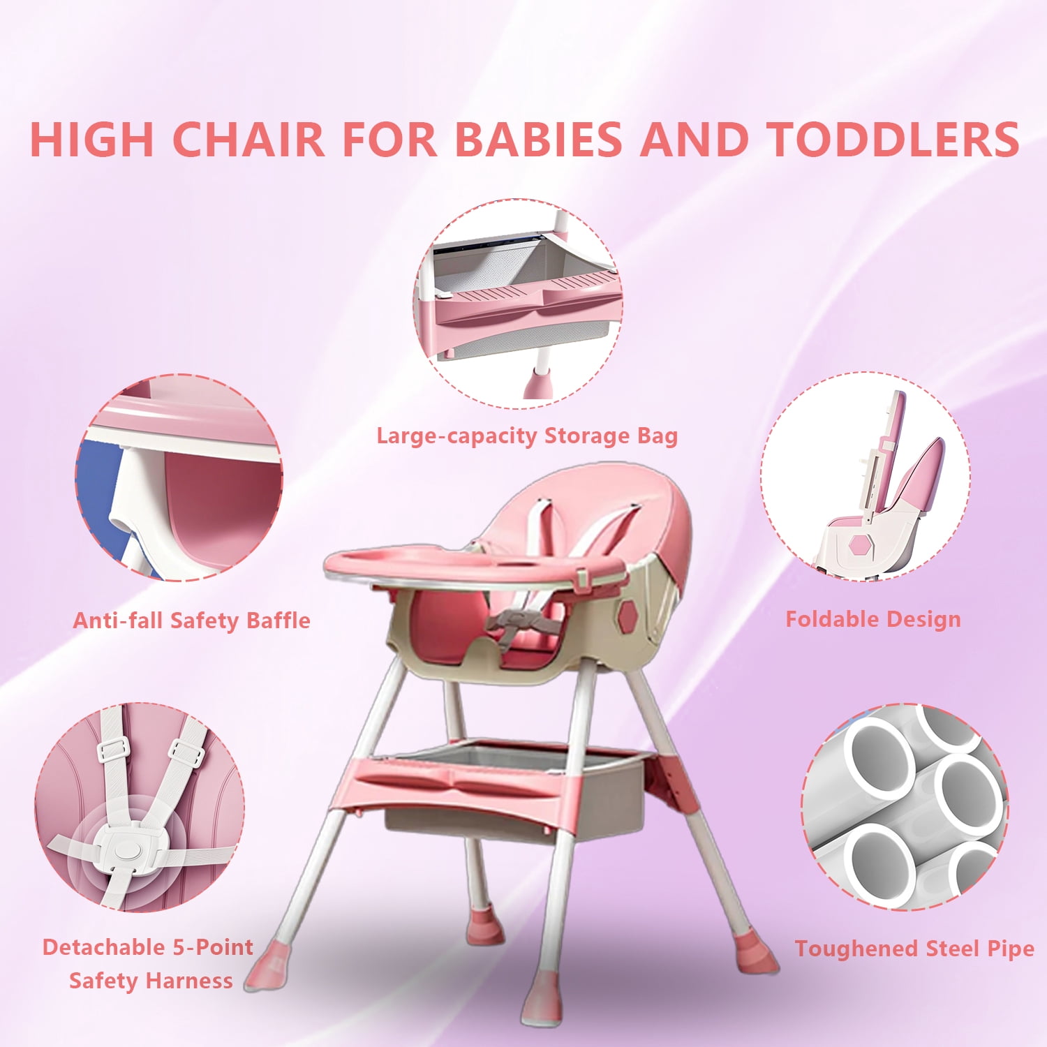 KFeng 4-in-1 Foldable Baby High Chair,Combines Play and Dining, Adjustable Dual-layer Tray and Backrest, Pink