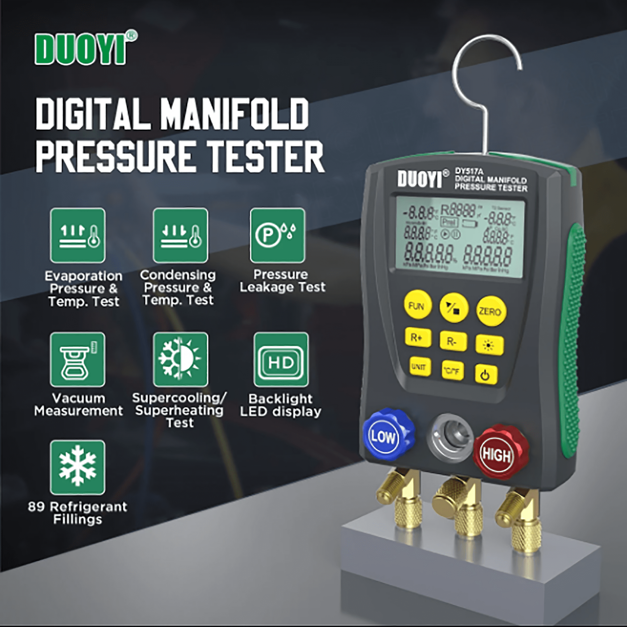 Refrigeration Digital Manifold Gauge Set HVAC Pressure Meter Kit 2-Valve Vacuum Temperature Tester Air Conditioning Diagnostic W/ Accessories 89 types R134a R410a Refrigerants for Home Car, DY517A