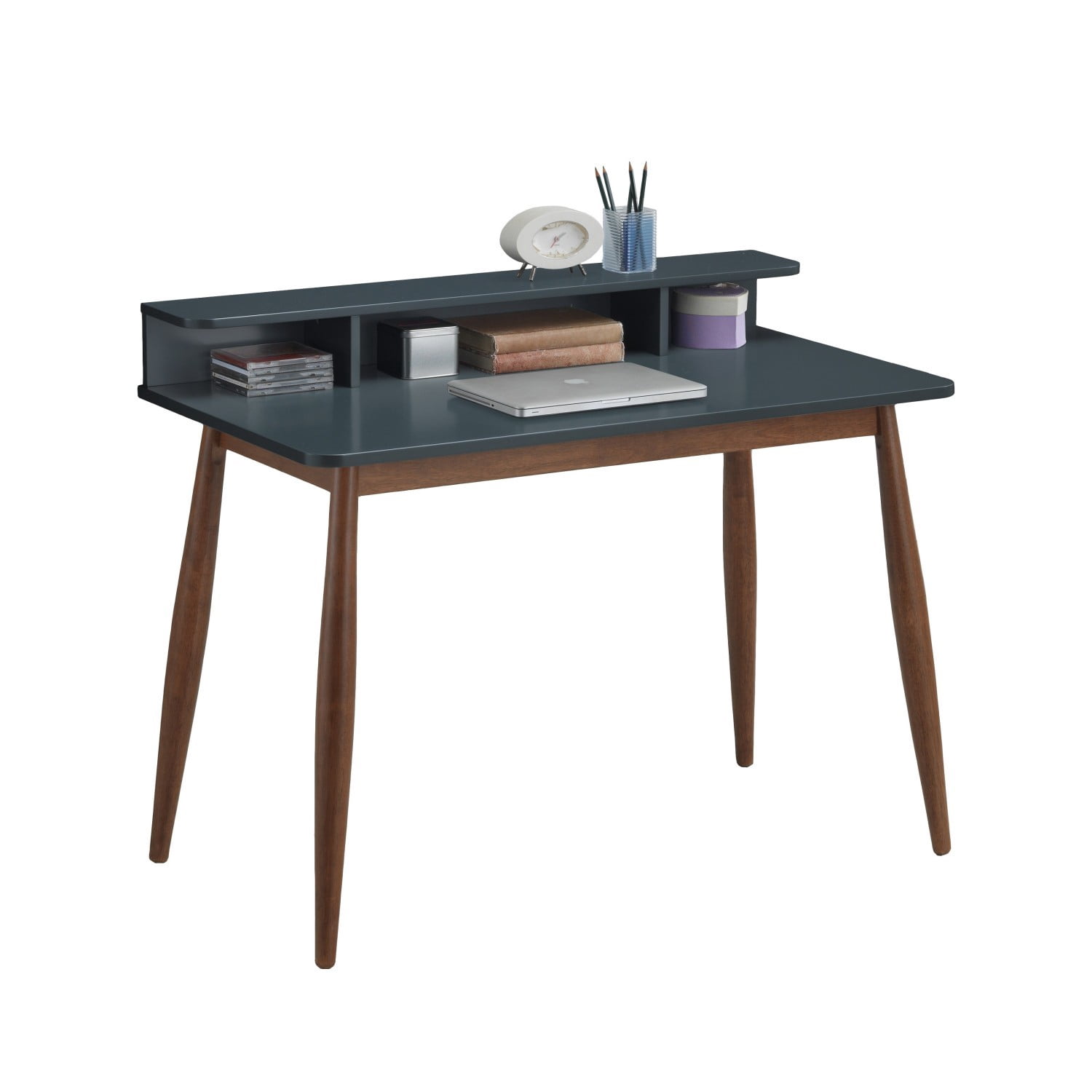 Mid-Century Modern Writing Desk with Hutch, 43" Home Office Desk with 3 Shelves Storage for Study Bedroom Computer Desk, Grey
