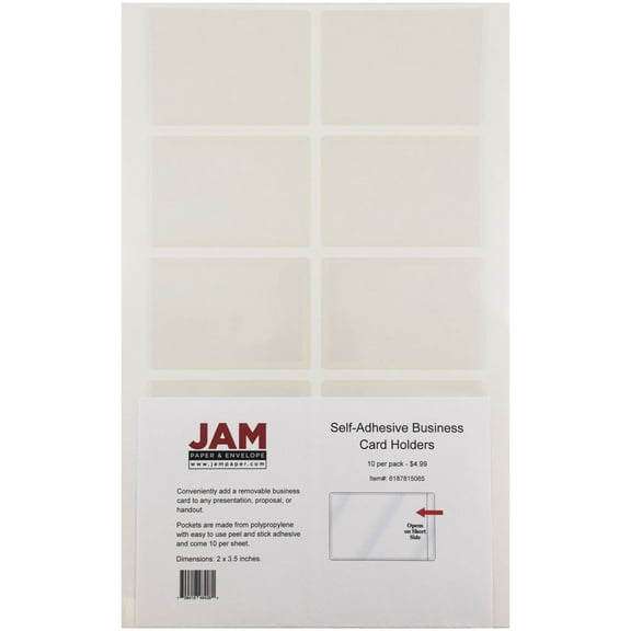 JAM Paper Self Adhesive Business Card Holders, 2" x 3 1/2", Clear, 24/pack