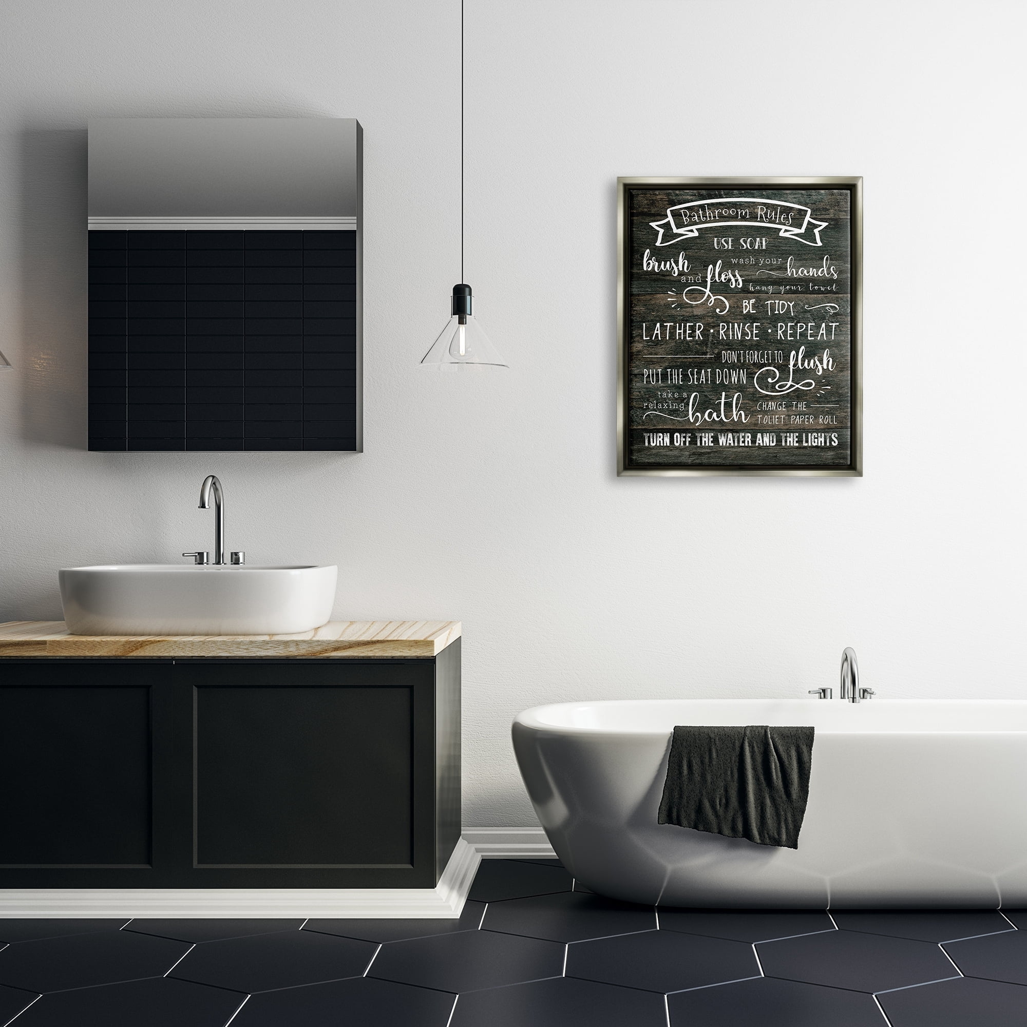 Stupell Industries Rustic Bathroom Rules Sign Good Hygiene List Luster Gray Framed Floating Canvas Wall Art, 24x30, by CAD