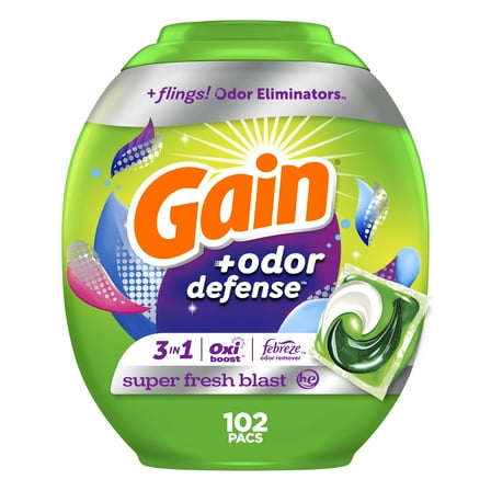 Gain Flings Laundry Detergent Pacs with Odor Defense, Super Fresh Blast Scent, 102 Count