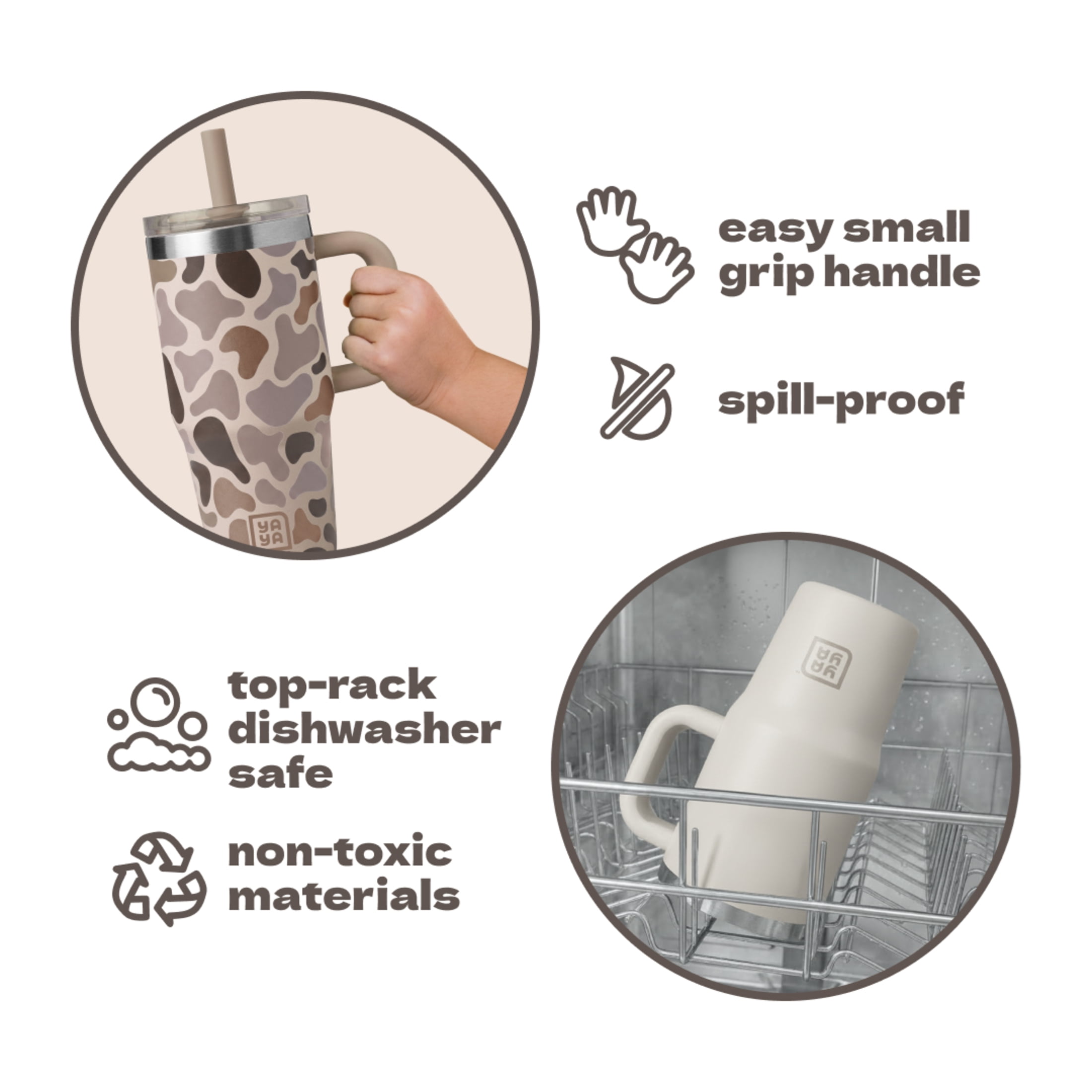 YAYA Dad & Me Tumbler Set, Matching Insulated Stainless Steel Tumblers with Spill-Proof Toddler Tumbler & Reusable Straw, Ergonomic Grip Handle, Dishwasher Safe, 40oz + 12oz, Camo