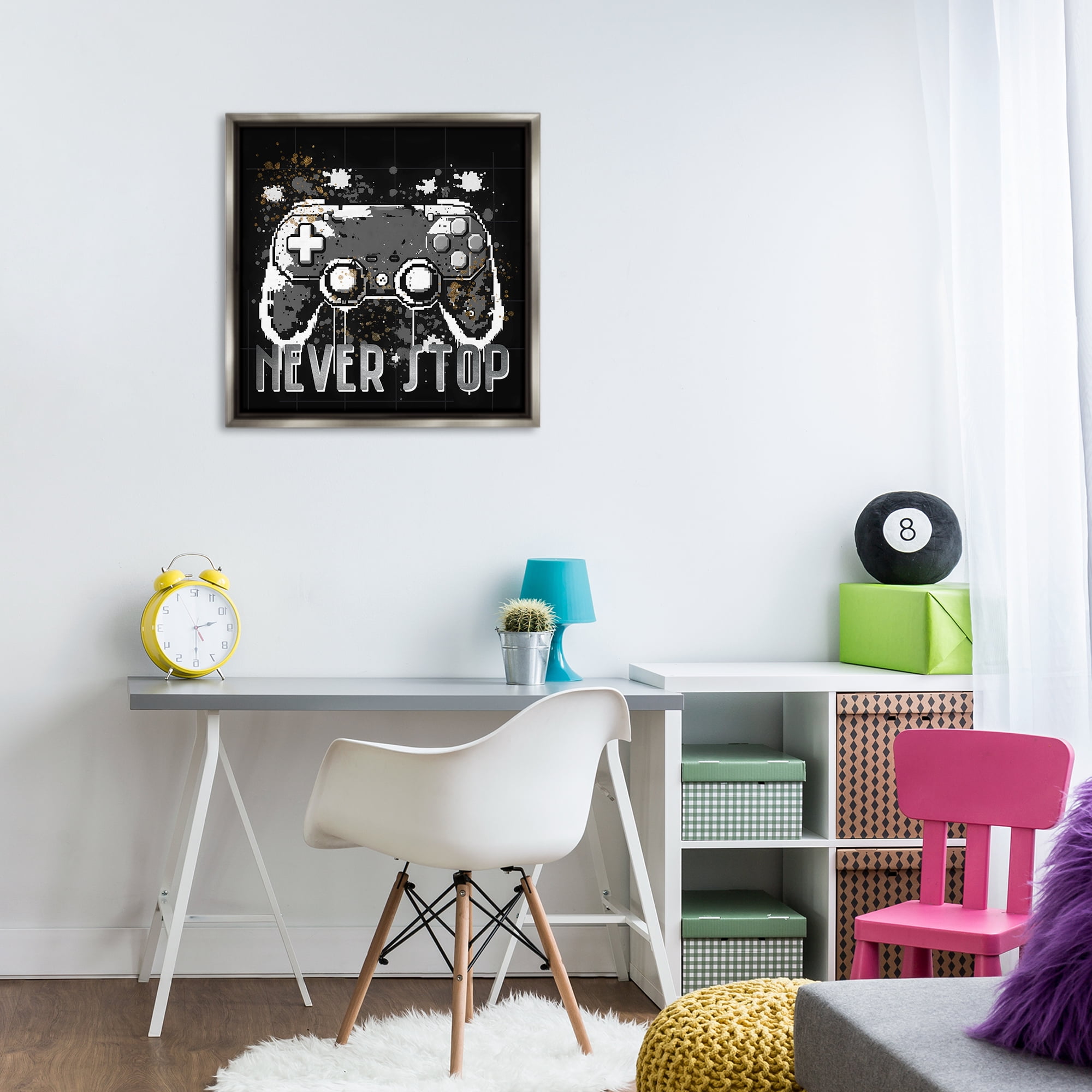 Stupell Industries Never Stop Pixel Controller Entertainment Painting Gray Floater Framed Canvas Art Print Wall Art, 25 x 25