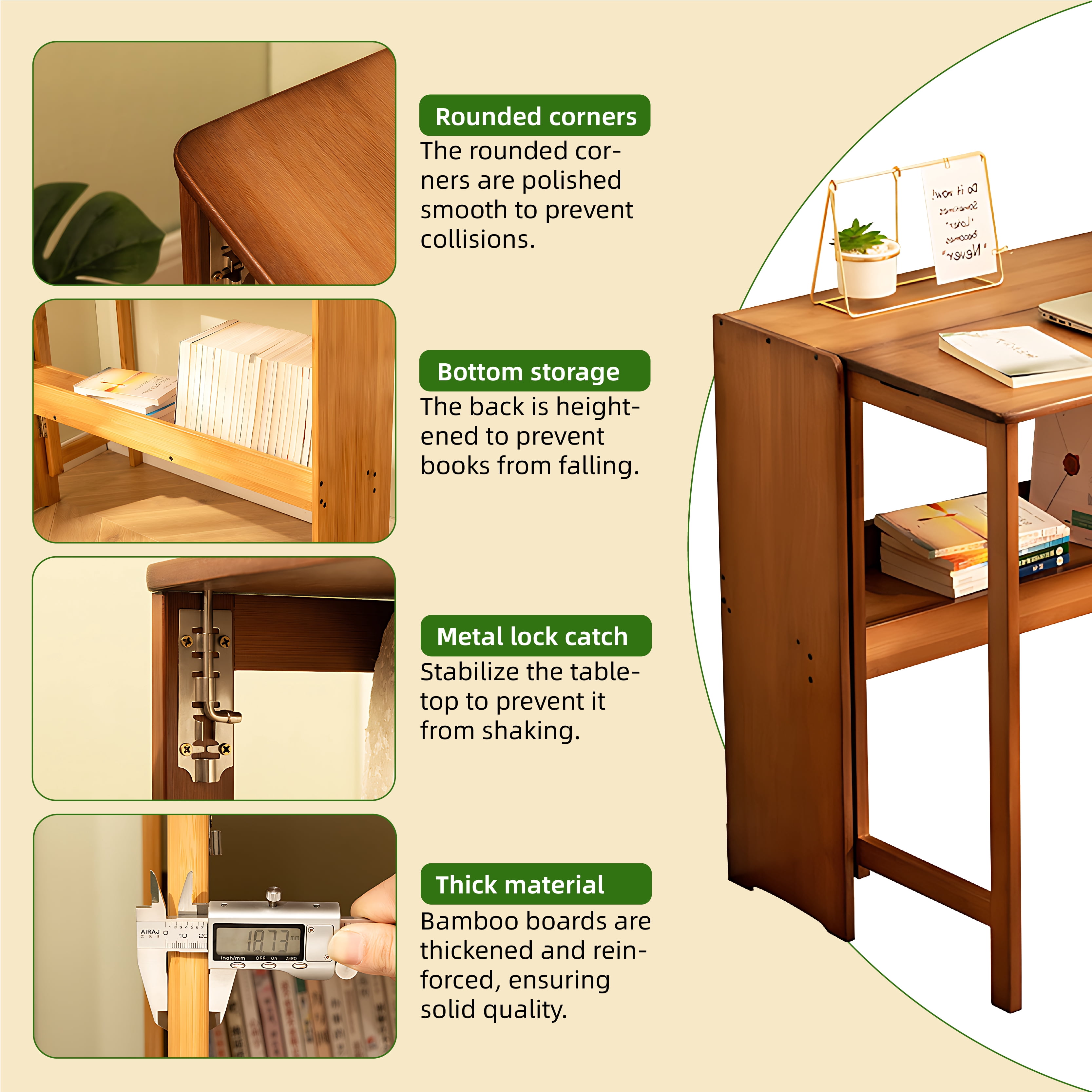 Bamboo Folding Desk, Space-Saving Foldable Computer Study Table with Storage Shelves for Bedroom Home Office Dorm Apartment