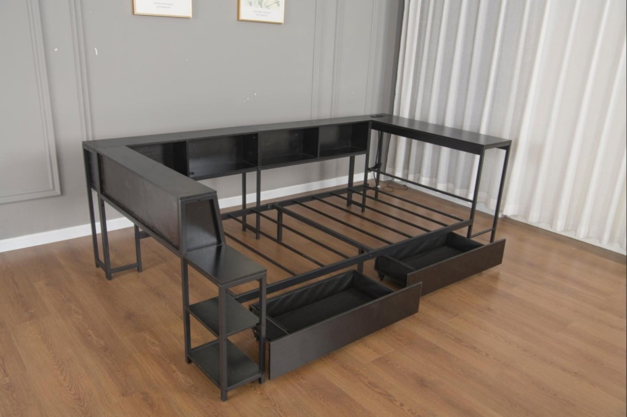AENKYO Queen Size Corner Daybed with Desk & Storage Headboard, LED Lights, Power Outlets & Drawers, Black