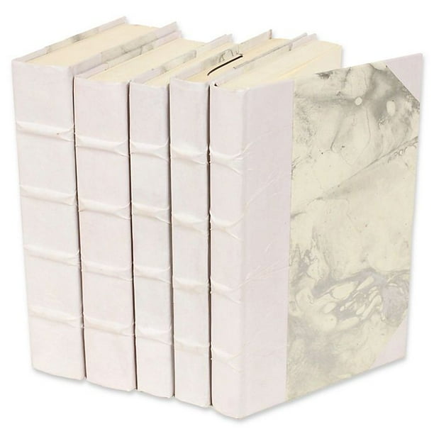 Leather Books Marbled Parchment Rebound Decorative Books in White (Set of 5)