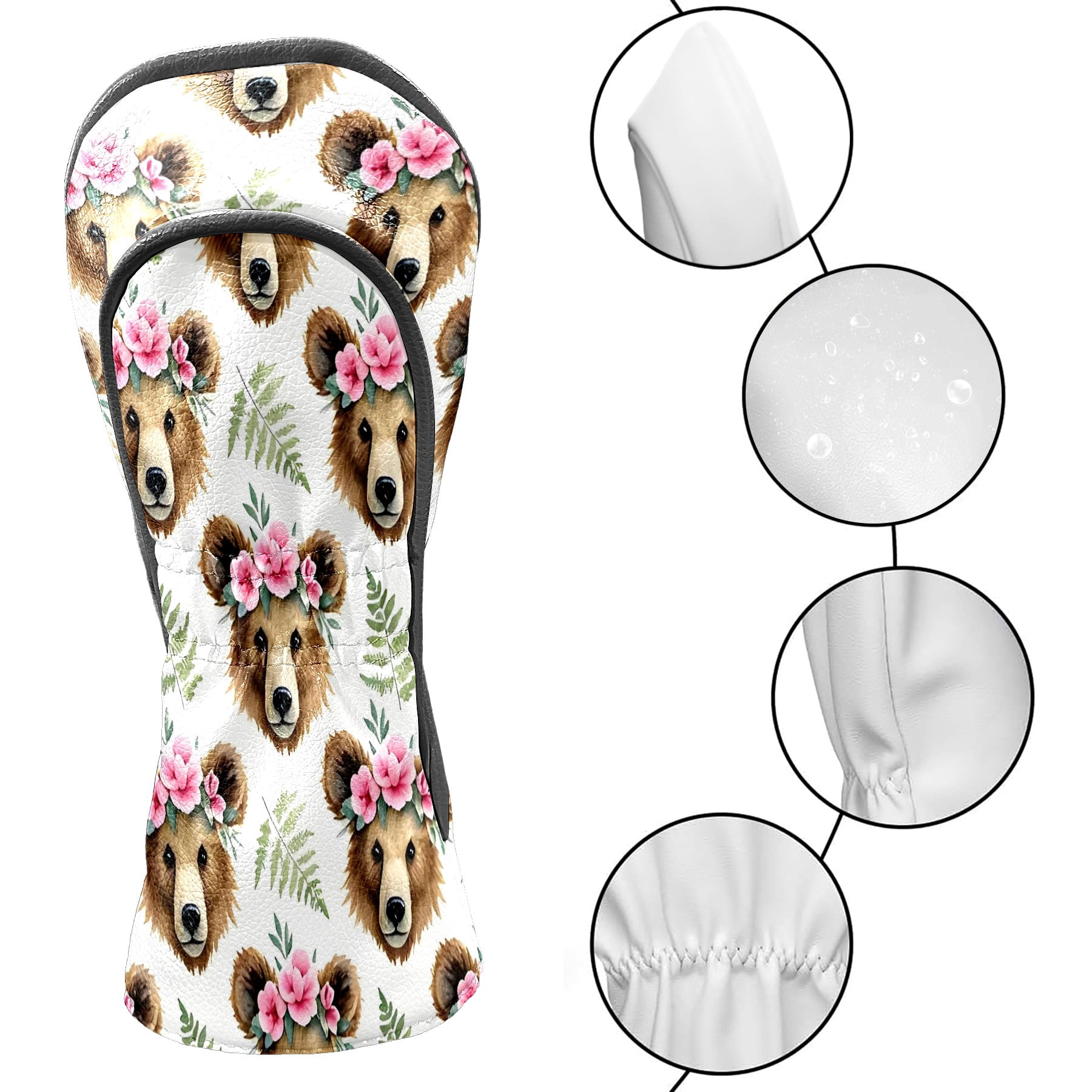 Golf Club Covers, Brown BearFlower Premium PU Leather Driver Hybrid Putter Head Covers with Velvet Lining, Waterproof Golf Gifts for Men Women