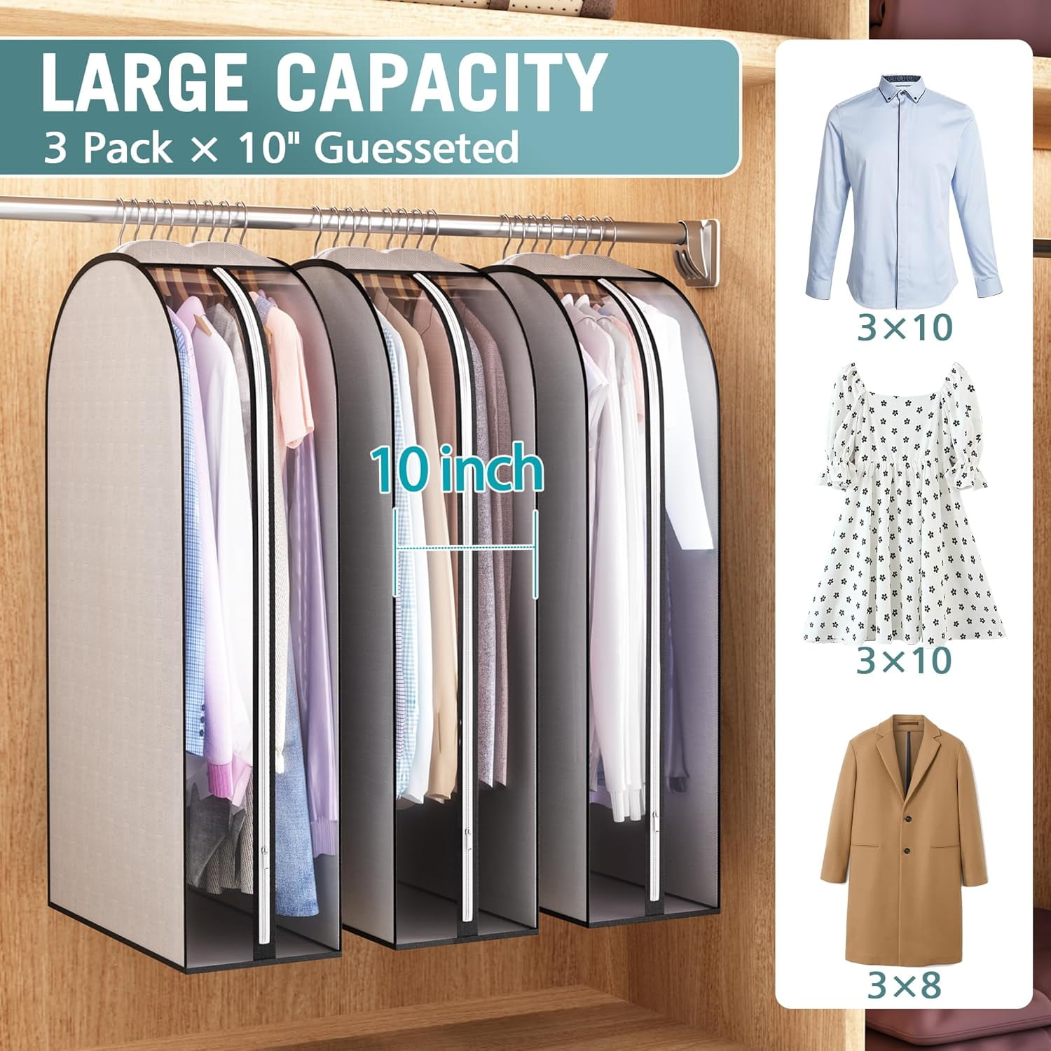 Gusseted Garment Bags for Hanging Clothes, Suit Bags for Open Closet Storage, Side Clear Clothing Cover for Coat, Dress, Jacket, Shirt, Fur Wardrobe Protector, Grey