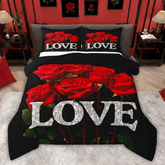 Castle Fairy Romantic Rose Twin Comforter Sets,Black Red Bedding Set