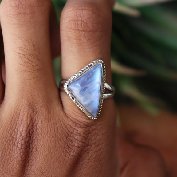 Rainbow Blue Fire Moonstone Ring, 925 Sterling Silver Ring, White With Blue Moonstone Ring, Healing Crystal Ring, Natural Stone Gift for Her