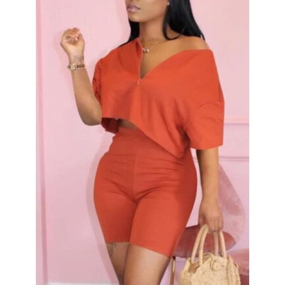 Lovelywholesale Casual V Neck Elastic Jacinth Two Piece Shorts Set