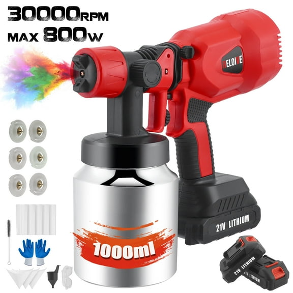 RELOIVE Cordless Paint Sprayer, 800W Power Spray Paint Gun with 2PCS 2000mAh Batteries, Electric Paint Sprayer Gun with 1000ML Stainless Steel Container for House Painting Furniture Cabinets Fences