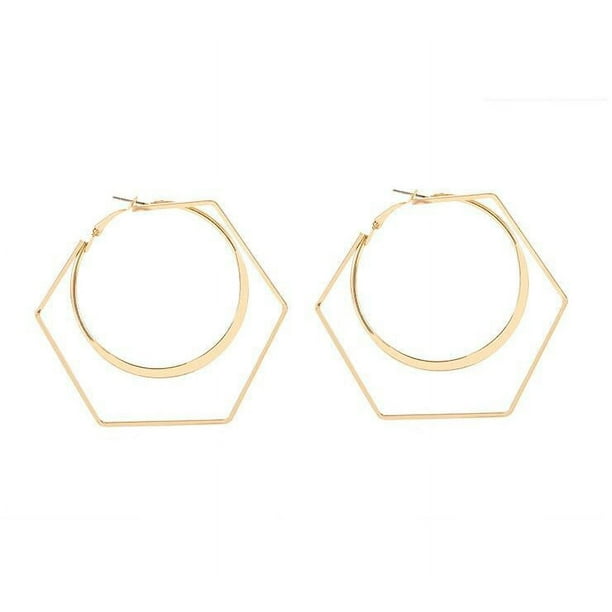 1 par (oro) Pendientes de aro hexagonales grandes bohemios Pendientes de círculo exagerados dorados Pendientes geométricos de moda Pendientes llamativos punk Joyería para mujeres y niñas